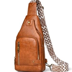 Brown Pleather Sling Bag Multi Pockets 12x8x2.5 New